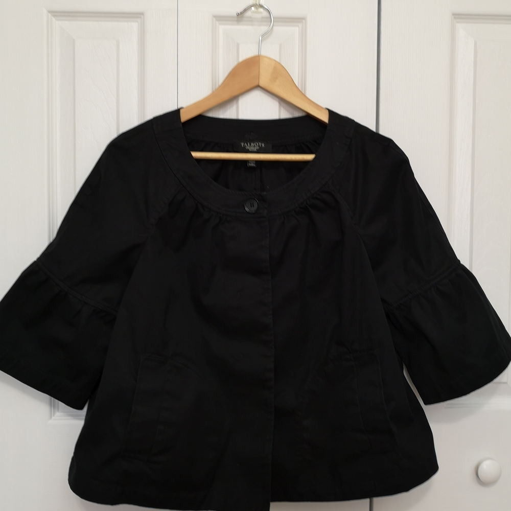 Talbots Petites Black Ruffle Sleeve Cotton Jacket 12P